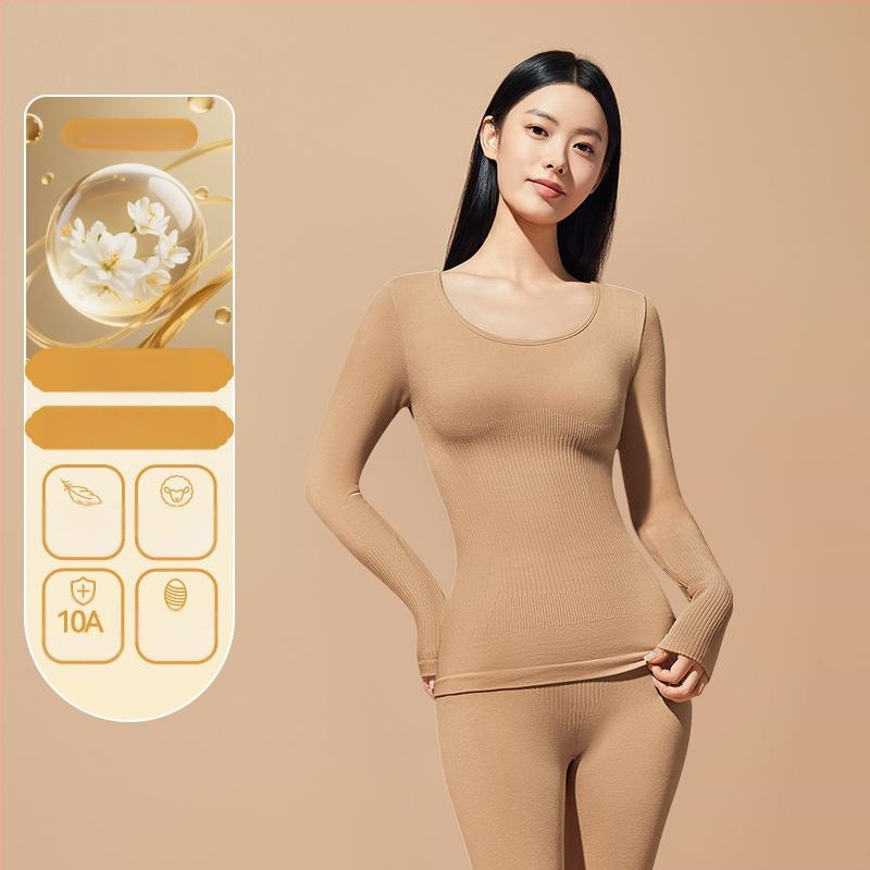 Set termic de bază pentru modelarea corpului: bumbac extensibil, două straturi, mâneci lungi, guler rotund, pantaloni