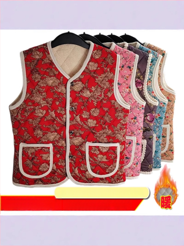 Kínai stílusú ujjatlan mellény a téli 2025-ös szezonra, fleece béléses és vastag, virágos nyomtatású felső, milk silk anyag, 90–95% poliészter