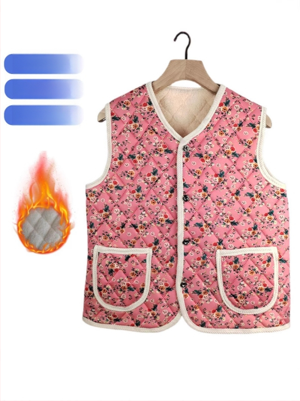 Kínai stílusú ujjatlan mellény a téli 2025-ös szezonra, fleece béléses és vastag, virágos nyomtatású felső, milk silk anyag, 90–95% poliészter