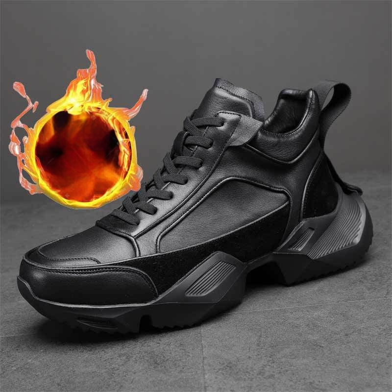 Ανδρικά μποτάκια με πλατφόρμα, δερμάτινο επάνω μέρος, 3–5 cm ύψος φτέρνας, στρογγυλή μύτη, αναπνοή, απορρόφηση κραδασμών