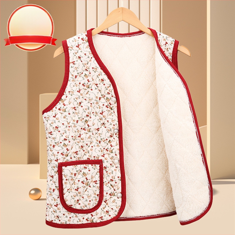 Virágos bélelt poliészter mellény középkorú és idősebb nők számára; kardigán-stílusú külső ruházat; külső anyag 70–80% poliészter, belső 50–70% poliészter; hossz 50–65 cm; domborított textúra; japán/koreai laza stílus