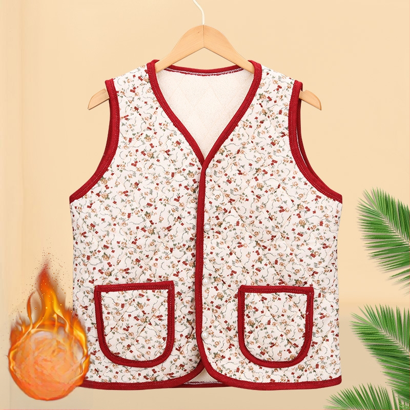 Virágos bélelt poliészter mellény középkorú és idősebb nők számára; kardigán-stílusú külső ruházat; külső anyag 70–80% poliészter, belső 50–70% poliészter; hossz 50–65 cm; domborított textúra; japán/koreai laza stílus