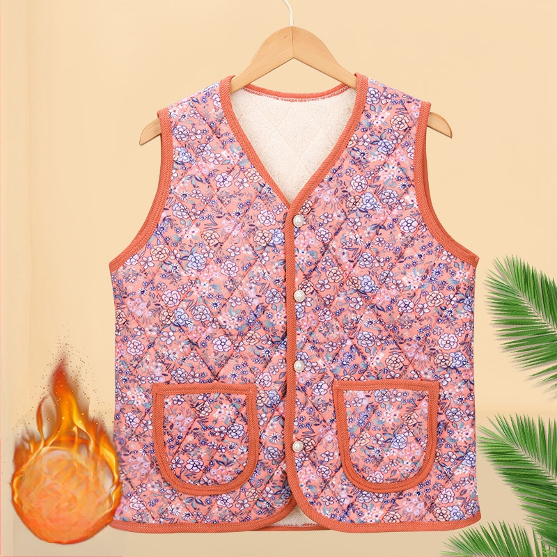 Virágos bélelt poliészter mellény középkorú és idősebb nők számára; kardigán-stílusú külső ruházat; külső anyag 70–80% poliészter, belső 50–70% poliészter; hossz 50–65 cm; domborított textúra; japán/koreai laza stílus