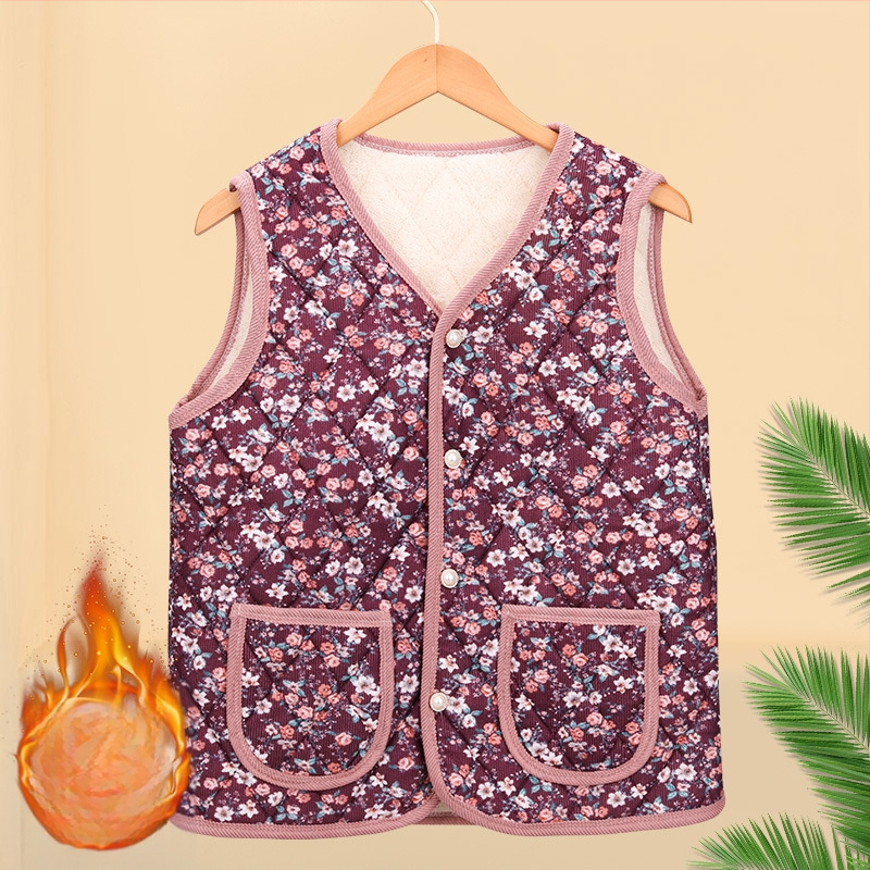 Virágos bélelt poliészter mellény középkorú és idősebb nők számára; kardigán-stílusú külső ruházat; külső anyag 70–80% poliészter, belső 50–70% poliészter; hossz 50–65 cm; domborított textúra; japán/koreai laza stílus
