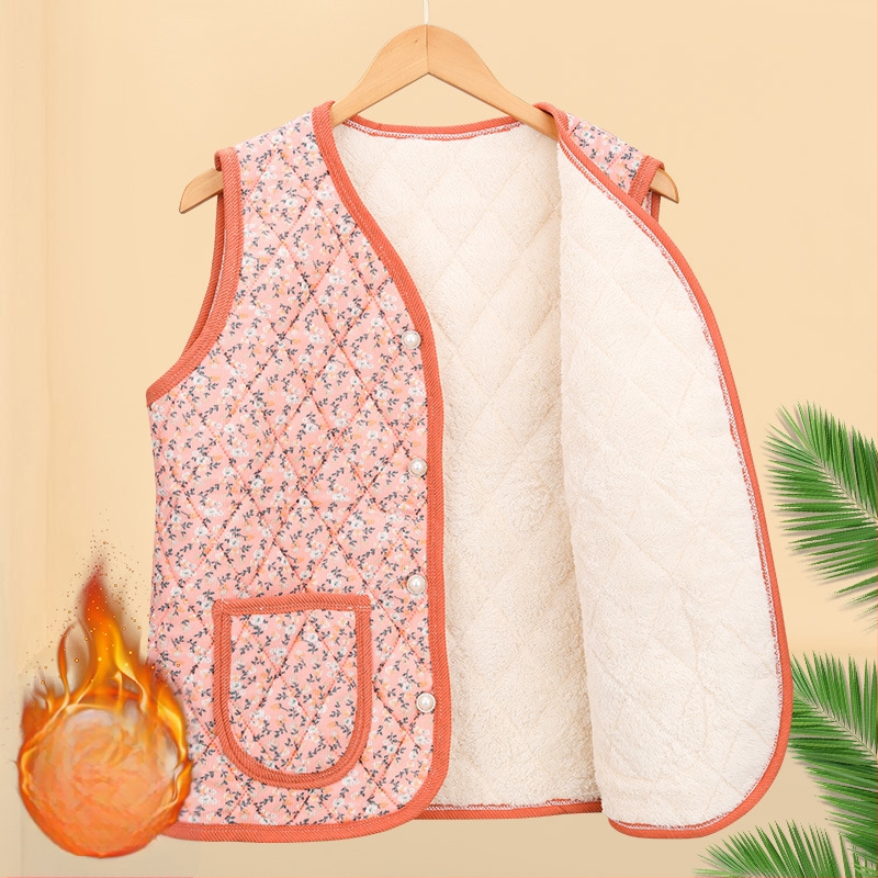 Virágos bélelt poliészter mellény középkorú és idősebb nők számára; kardigán-stílusú külső ruházat; külső anyag 70–80% poliészter, belső 50–70% poliészter; hossz 50–65 cm; domborított textúra; japán/koreai laza stílus
