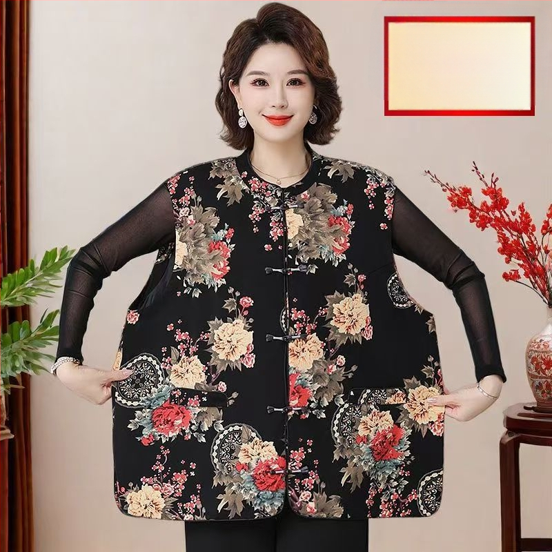 Mellény középkorú és idősebb anyáknak, kínai retro stílus, virágos jacquard poliészter, >95% poliészter, hossz 65–80 cm, 2025 ősz megjelenés