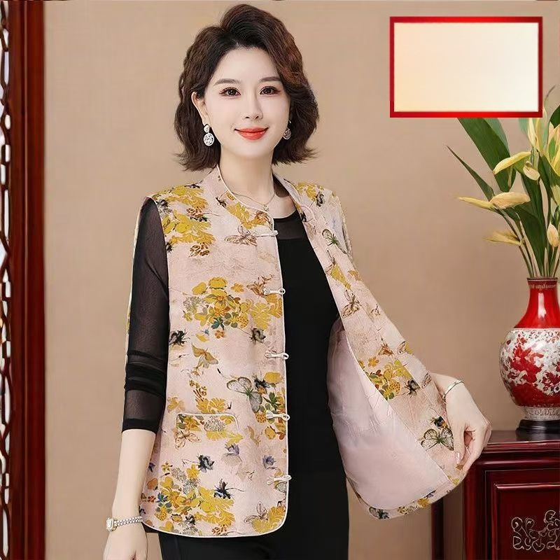 Mellény középkorú és idősebb anyáknak, kínai retro stílus, virágos jacquard poliészter, >95% poliészter, hossz 65–80 cm, 2025 ősz megjelenés