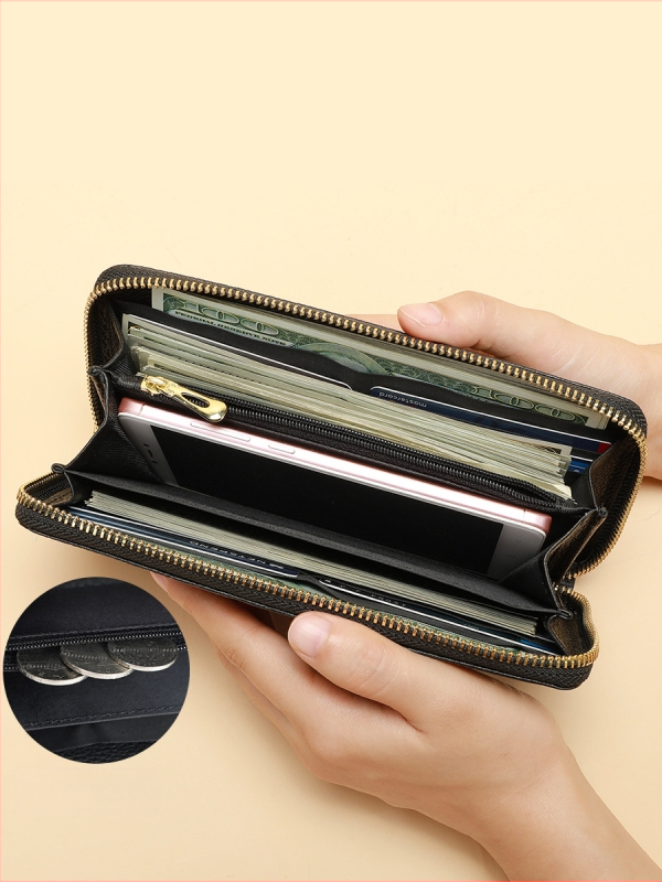 Portofel-clutch pentru bărbați din piele naturală, model crocodil, fermoar lung, interior din piele de vițel prim-strat și căptușeală poliester-coton, rezistent la abraziune, capacitate extensibilă