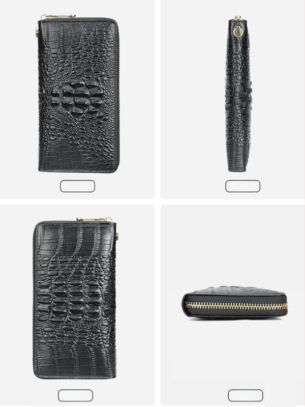 Portofel-clutch pentru bărbați din piele naturală, model crocodil, fermoar lung, interior din piele de vițel prim-strat și căptușeală poliester-coton, rezistent la abraziune, capacitate extensibilă