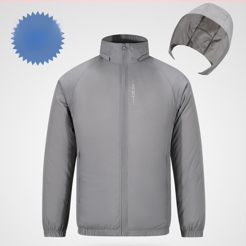 Palton ușor din nylon cu glugă detașabilă, fermoar și buzunare laterale, pentru vară și muncă – imprimeu cu peisaj natural