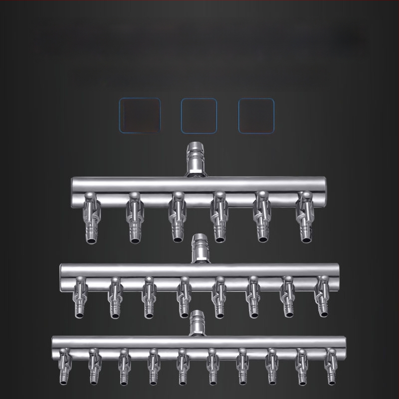 Rozsdamentes acélból készült akváriumi oxigénszelep elosztó független kapcsolóval, szabályzó szeleppel az oxigéncsőhöz, súly 48–279 g