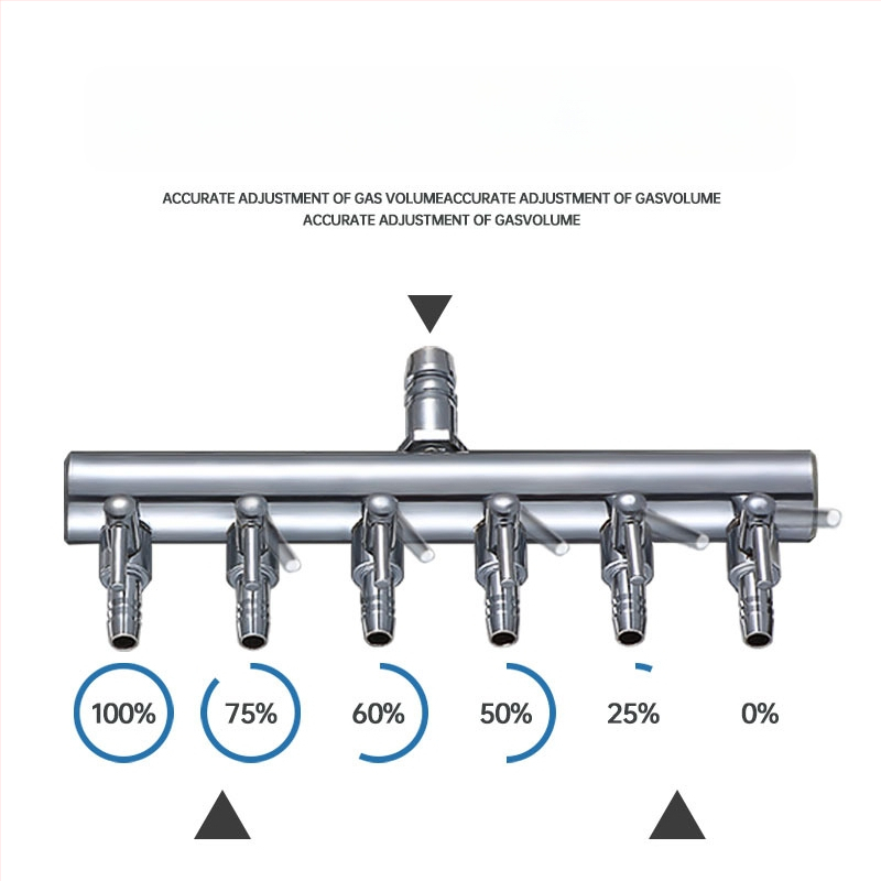 Rozsdamentes acélból készült akváriumi oxigénszelep elosztó független kapcsolóval, szabályzó szeleppel az oxigéncsőhöz, súly 48–279 g