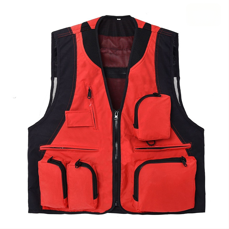 Εξωτερικό γιλέκο με πολλαπλές τσέπες, αδιάβροχο, με λογότυπο, φερμουάρ, χωρίς κουκούλα, χαλαρή γραμμή