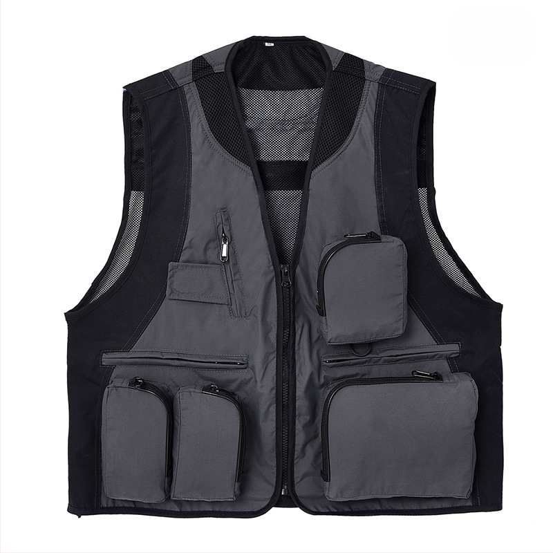 Εξωτερικό γιλέκο με πολλαπλές τσέπες, αδιάβροχο, με λογότυπο, φερμουάρ, χωρίς κουκούλα, χαλαρή γραμμή