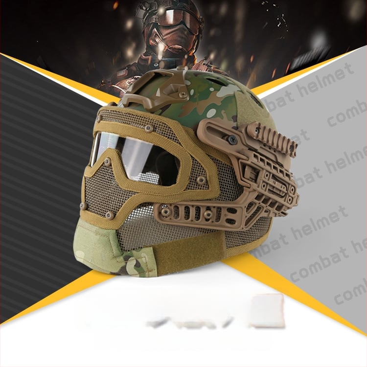 Kerékpáros sisak integrált arcvédővel – teljes arcvédő, taktikai kialakítás, ABS műanyag, felnőtt férfi, kamufláž