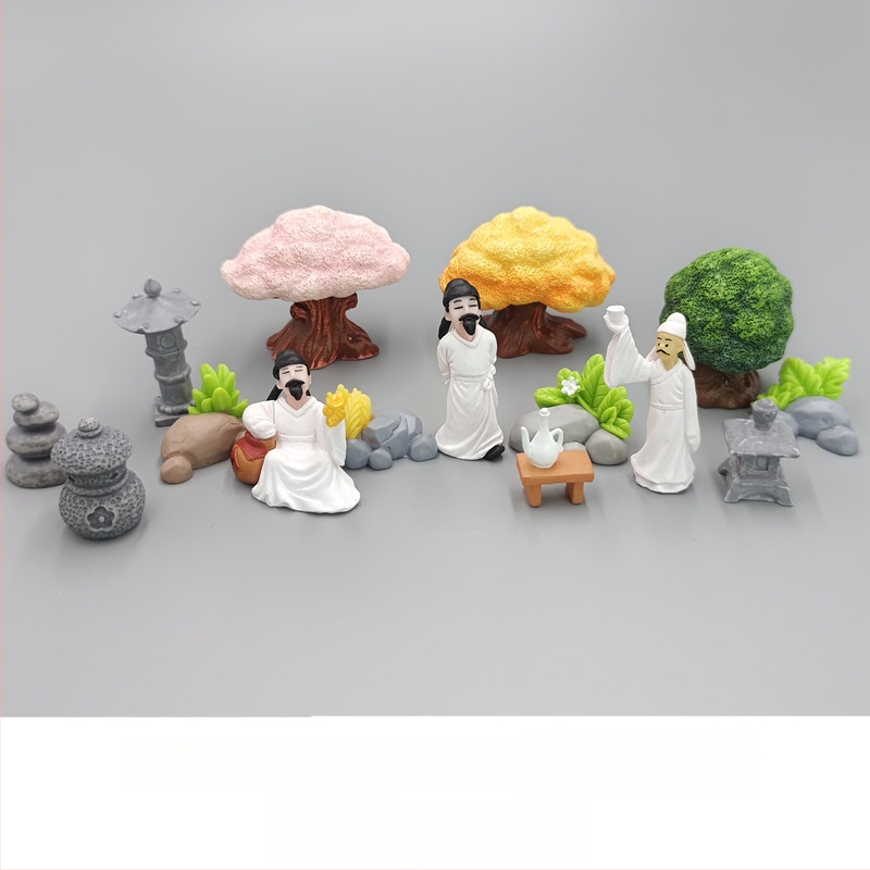 Mini peisaj în miniatură din rășină – decor de grădină în stil antic cu foișor, frunze de lotus, iaz și pod arcuit (Material: rășină; Tip material: plastic, rășină; Categorie: meșteșuguri din rășină; Stil: desen animat)