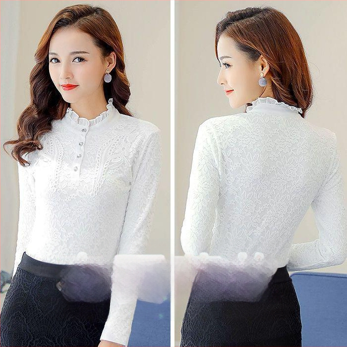 Dámsky základný top s fleisovou podšívkou a čipkou, dlhé rukávy, stojací golier, zmes polyester-amoniový, bežný vzor