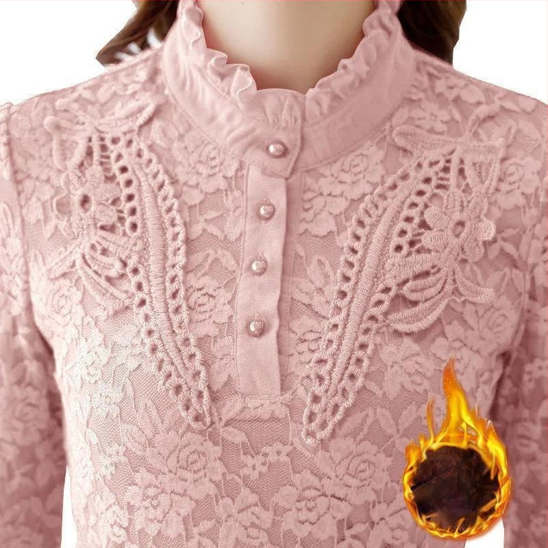 Dámsky základný top s fleisovou podšívkou a čipkou, dlhé rukávy, stojací golier, zmes polyester-amoniový, bežný vzor