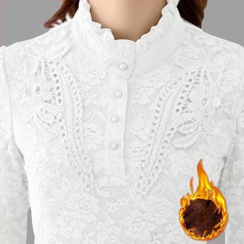 Dámsky základný top s fleisovou podšívkou a čipkou, dlhé rukávy, stojací golier, zmes polyester-amoniový, bežný vzor