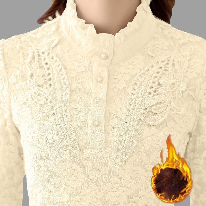 Dámsky základný top s fleisovou podšívkou a čipkou, dlhé rukávy, stojací golier, zmes polyester-amoniový, bežný vzor