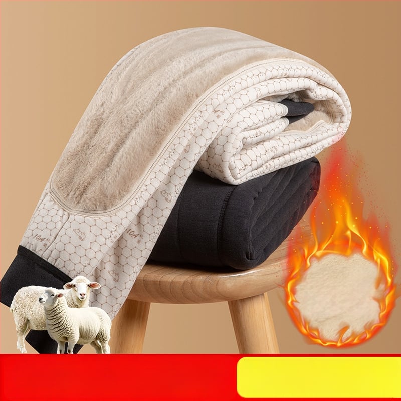 Pantaloni termici unisex din lână 100% cu căptușeală de catifea, trei straturi, talie înaltă, cu protecție pentru genunchi și talie