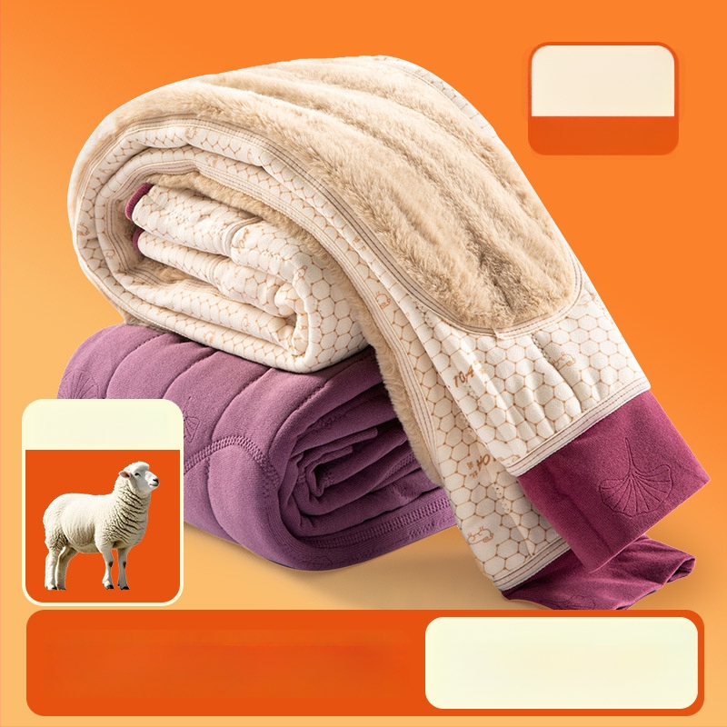 Pantaloni termici unisex din lână 100% cu căptușeală de catifea, trei straturi, talie înaltă, cu protecție pentru genunchi și talie