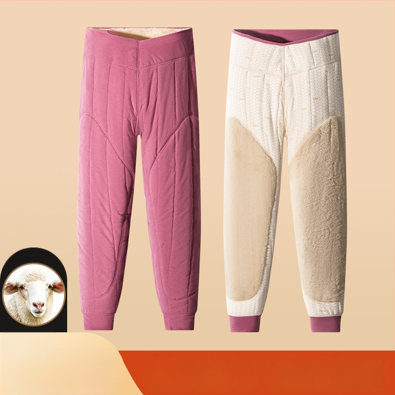 Pantaloni termici unisex din lână 100% cu căptușeală de catifea, trei straturi, talie înaltă, cu protecție pentru genunchi și talie