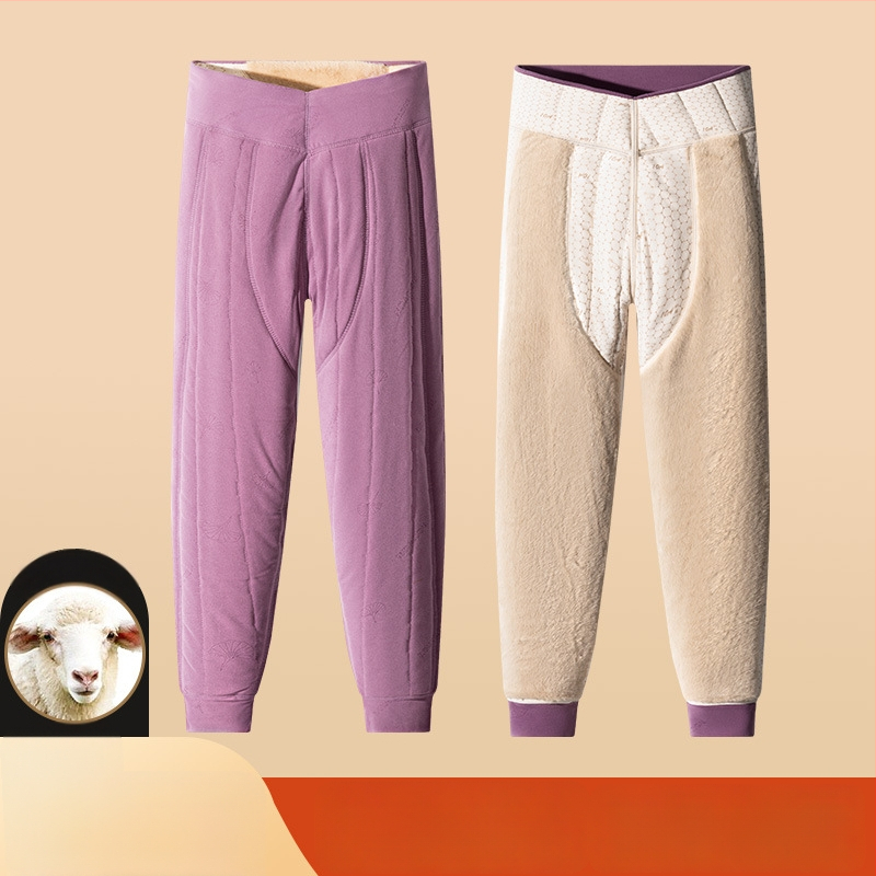 Pantaloni termici unisex din lână 100% cu căptușeală de catifea, trei straturi, talie înaltă, cu protecție pentru genunchi și talie