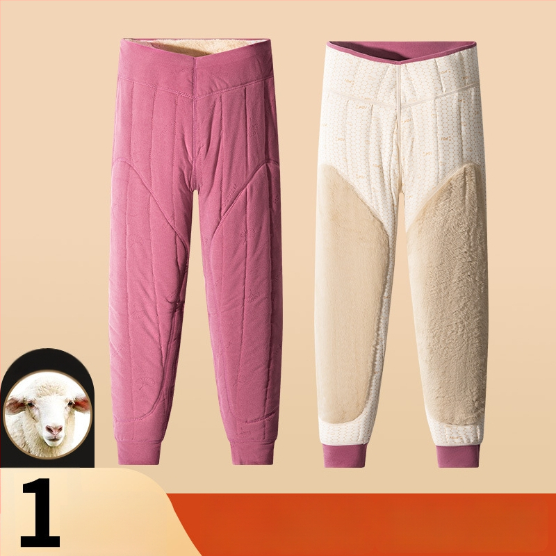 Pantaloni termici unisex din lână 100% cu căptușeală de catifea, trei straturi, talie înaltă, cu protecție pentru genunchi și talie