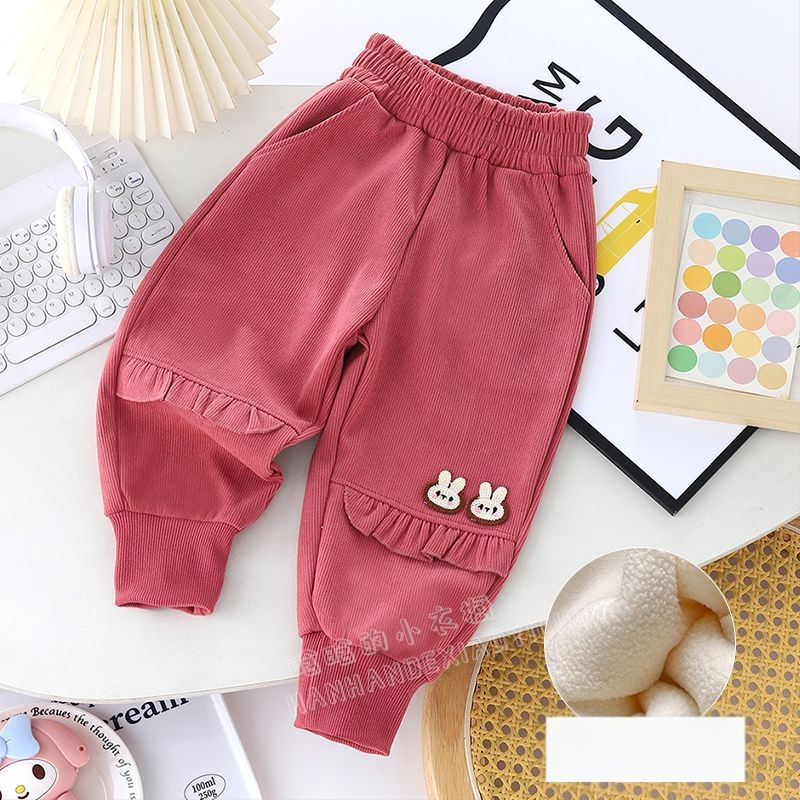 Lányoknak tervezett fleece-bevonatú, lazán szabott koreai stílusú sportnadrág csipkés szegéllyel, újszülötteknek 0–12 hónap, tavasz–ősz