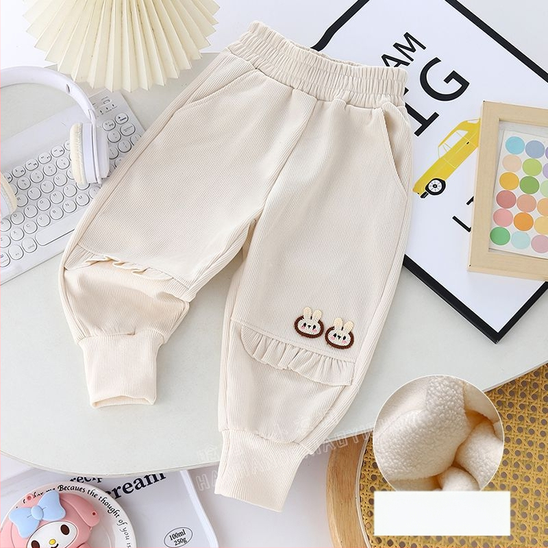 Lányoknak tervezett fleece-bevonatú, lazán szabott koreai stílusú sportnadrág csipkés szegéllyel, újszülötteknek 0–12 hónap, tavasz–ősz