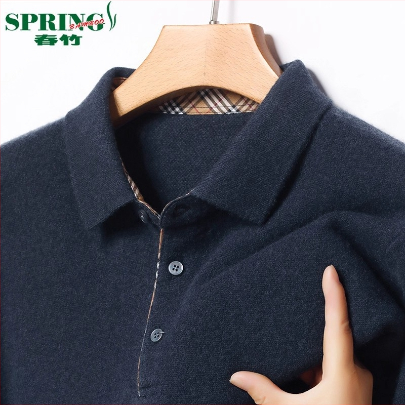 Férfi 100% kasmír galléros polo pulóver, vast kötés, hosszú ujjú, jacquard