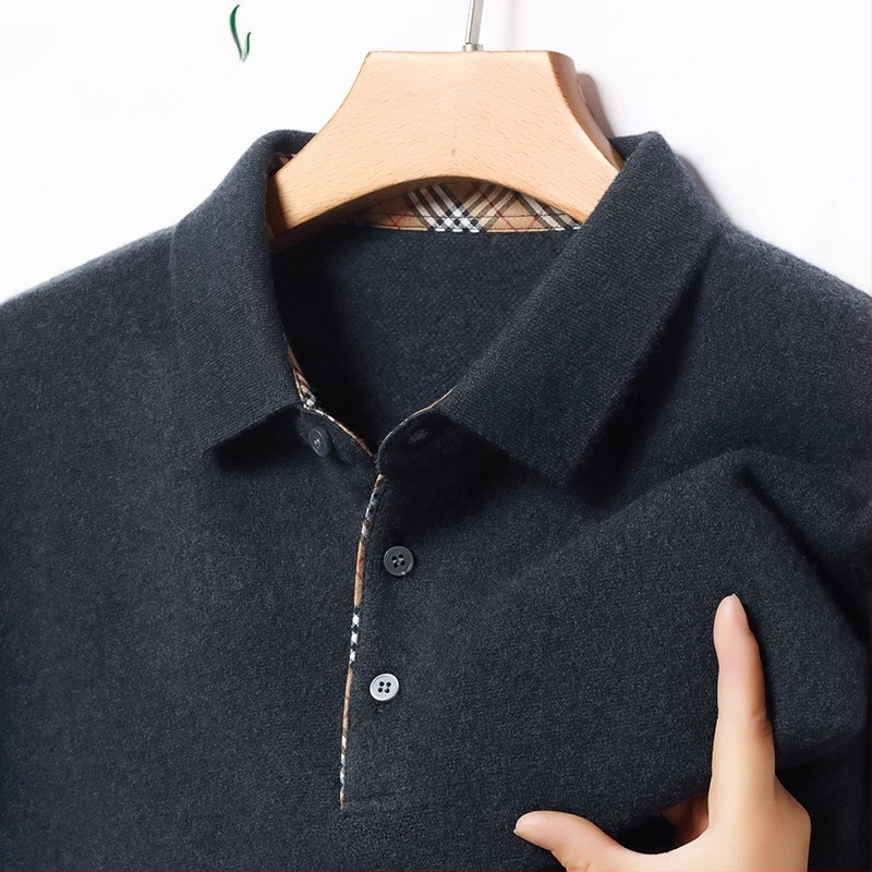 Férfi 100% kasmír galléros polo pulóver, vast kötés, hosszú ujjú, jacquard