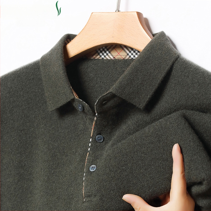 Férfi 100% kasmír galléros polo pulóver, vast kötés, hosszú ujjú, jacquard