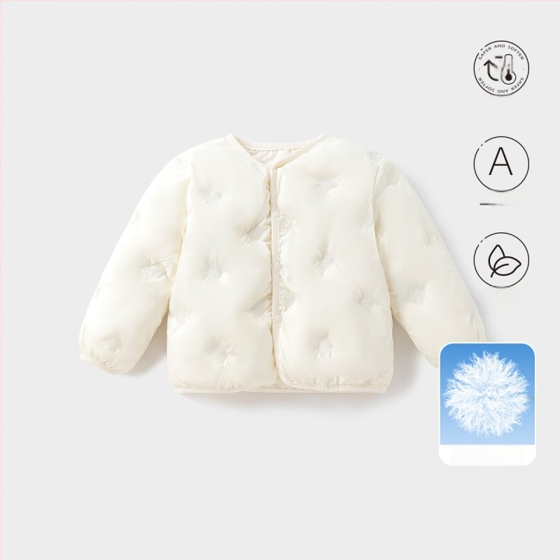 Gyerekeknek szóló pehelydzseki, uniszex, 81-85% fehér kacsa pehely, rövid fazon, laza illeszkedés, poliészter külső és bélés