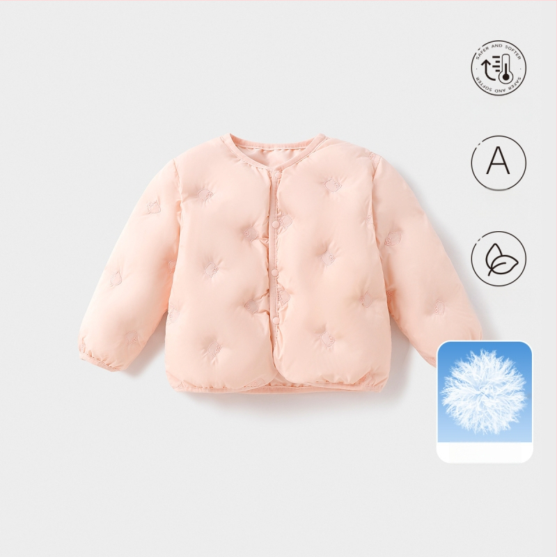 Gyerekeknek szóló pehelydzseki, uniszex, 81-85% fehér kacsa pehely, rövid fazon, laza illeszkedés, poliészter külső és bélés