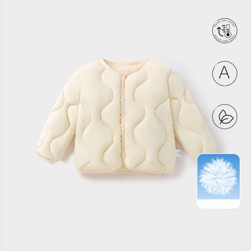 Gyerekeknek szóló pehelydzseki, uniszex, 81-85% fehér kacsa pehely, rövid fazon, laza illeszkedés, poliészter külső és bélés