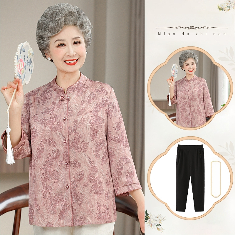 Πουκάμισο και ζακέτα για ηλικιωμένες γυναίκες, κινεζικού στυλ, λογοτεχνικό ρετρό, περιεκτικότητα υφάσματος 30–50%, χωρίς γιακά
