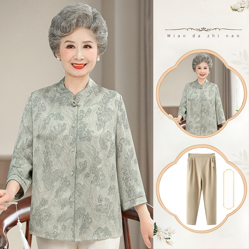 Πουκάμισο και ζακέτα για ηλικιωμένες γυναίκες, κινεζικού στυλ, λογοτεχνικό ρετρό, περιεκτικότητα υφάσματος 30–50%, χωρίς γιακά