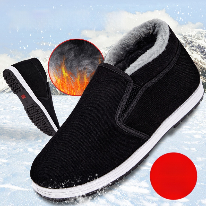 Παντόφλες από ύφασμα σε στυλ Παλιού Πεκίνου, με επένδυση φλίς, χειμερινά ζεστά παπούτσια για άνδρες, σόλα καουτσούκ, αντιολισθητικά