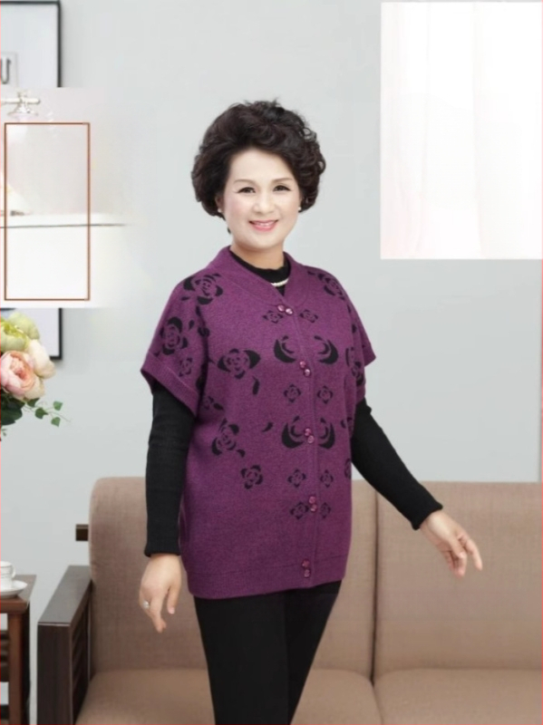 Vestă de lână pentru femei, cardigan în stil de navetă - Model floral - Guler staționar - nasturi în față - Lână 50-70%