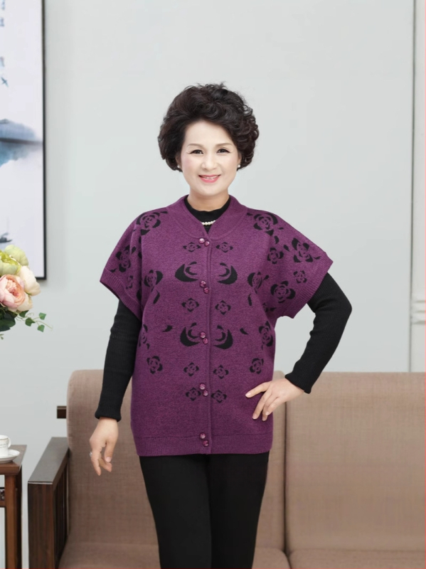 Vestă de lână pentru femei, cardigan în stil de navetă - Model floral - Guler staționar - nasturi în față - Lână 50-70%