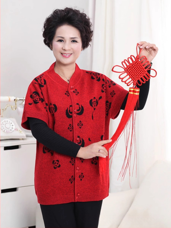 Vestă de lână pentru femei, cardigan în stil de navetă - Model floral - Guler staționar - nasturi în față - Lână 50-70%