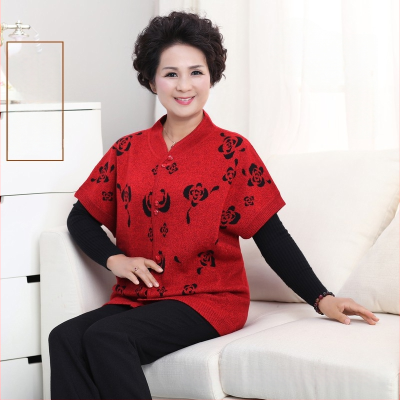 Vestă de lână pentru femei, cardigan în stil de navetă - Model floral - Guler staționar - nasturi în față - Lână 50-70%