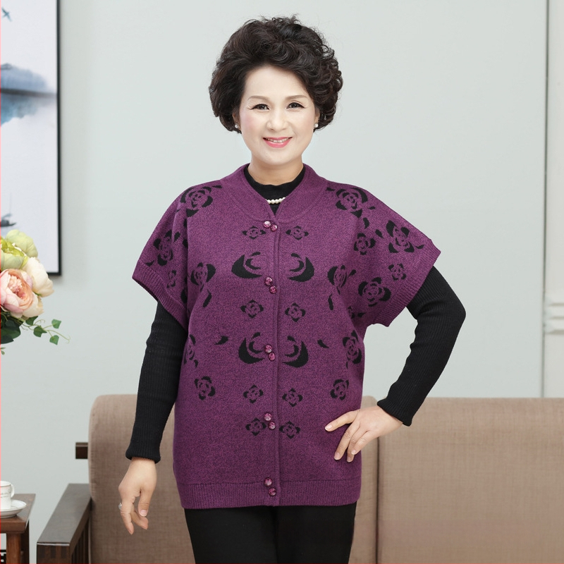 Vestă de lână pentru femei, cardigan în stil de navetă - Model floral - Guler staționar - nasturi în față - Lână 50-70%