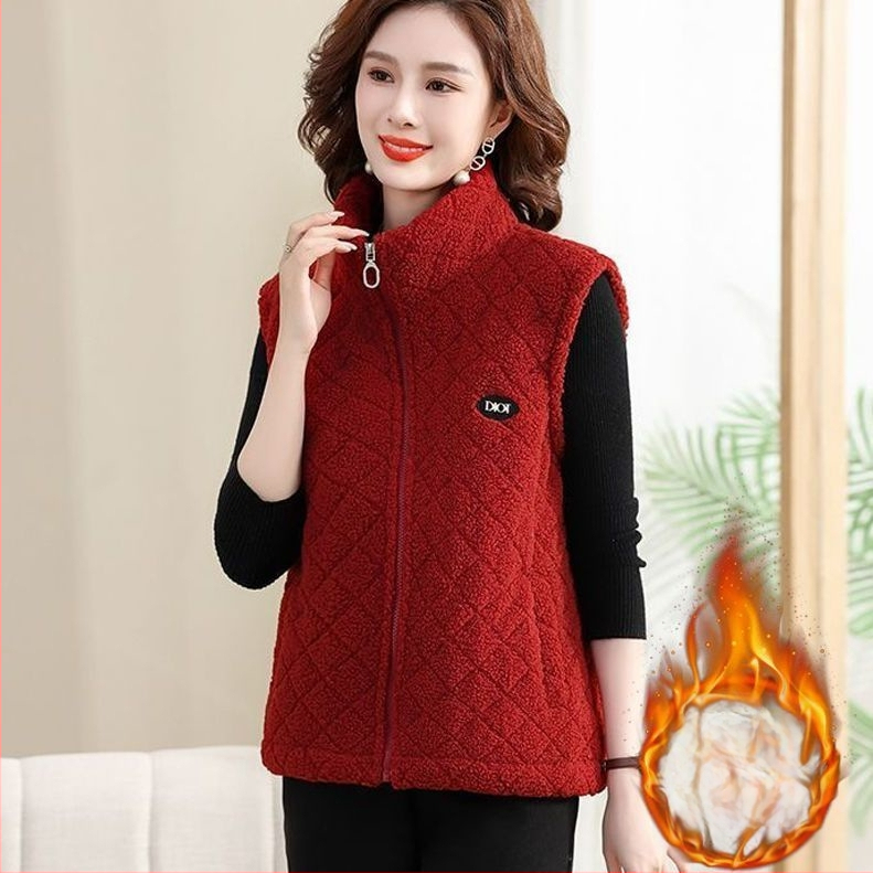 Vest de catifea granulară pentru femei, croială Slim, căptușeală din fleece, guler half-turtleneck, fermoar, poliester 95%+