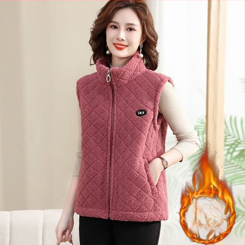 Vest de catifea granulară pentru femei, croială Slim, căptușeală din fleece, guler half-turtleneck, fermoar, poliester 95%+