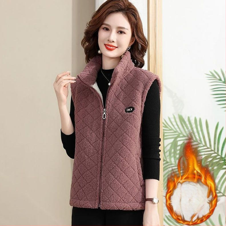 Vest de catifea granulară pentru femei, croială Slim, căptușeală din fleece, guler half-turtleneck, fermoar, poliester 95%+