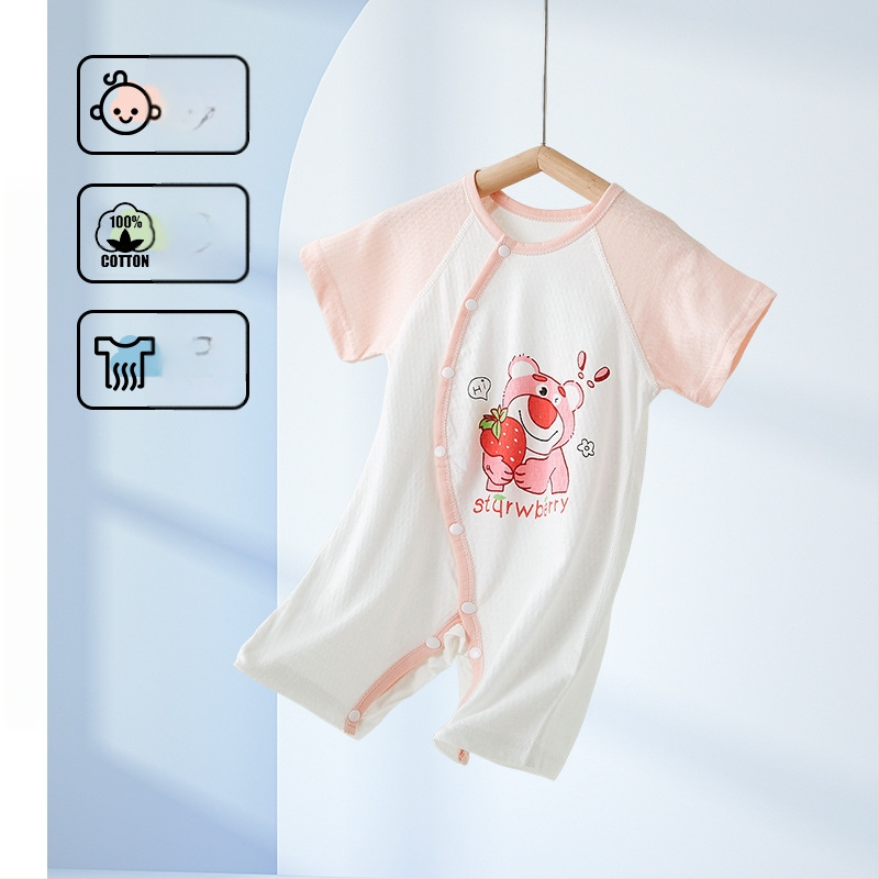 Βρεφικό φορμάκι με κοντά μανίκια από 100% βαμβάκι, ανάλαφρο καλοκαιρινό ύφασμα, μπροστινό κλείσιμο με ένα κουμπί