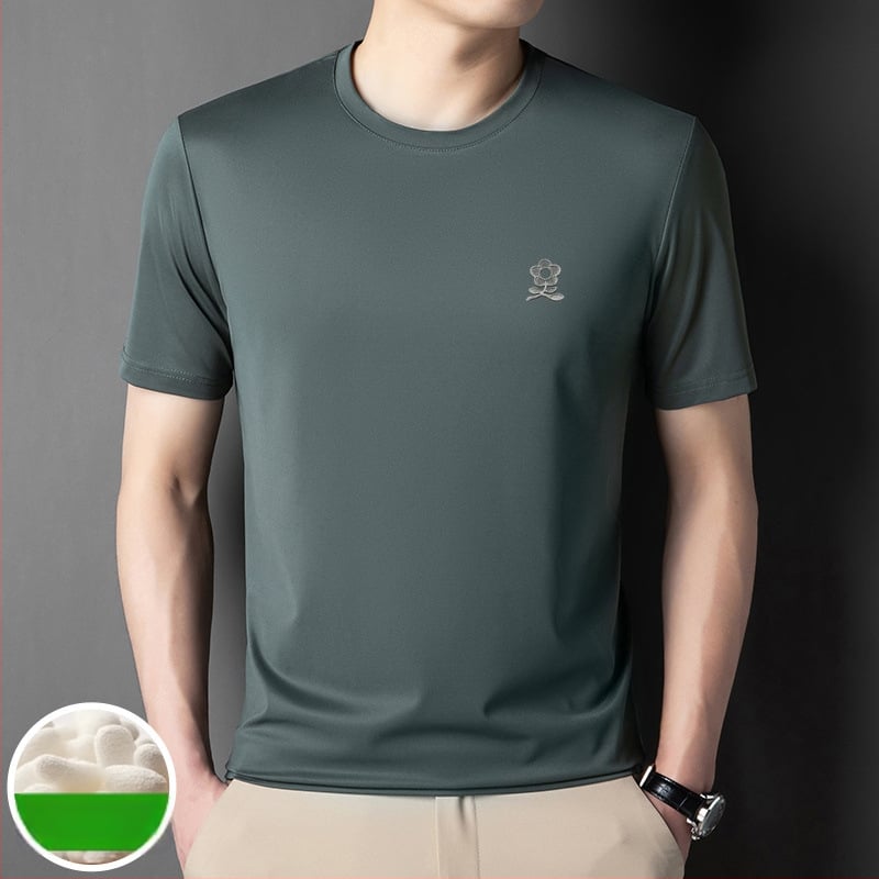 Pánske tričko z Ice Silk s Mulberry hodvábom 71–80%, úzky strih, okrúhly výstrih, krátke rukávy, geometrická potlač, leto 2025